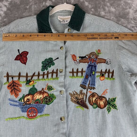 VTG Casey & Max Embroidered Button Up Shirt Women's M Green Stripe Autumn (1138) - Picture 8 of 10